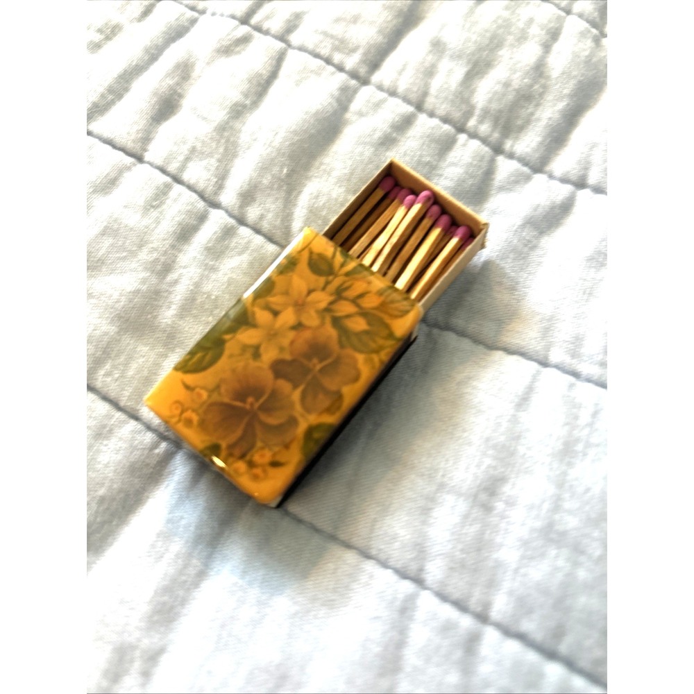 Vintage Match Box Floral Top Gold-tone Box with Match Strike Unique Whimsy